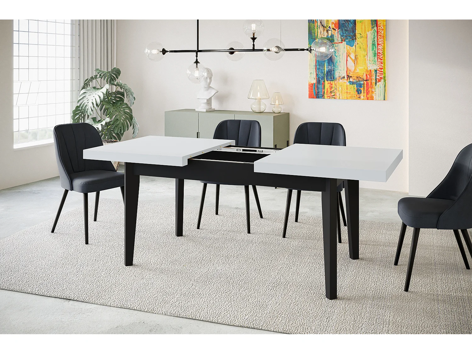 Table de salle à manger rectangulaire SKANDI, table à rallonges, dimensions: 200-300X100X78 cm, couleur: blanc, avec pieds en bois de couleur noir