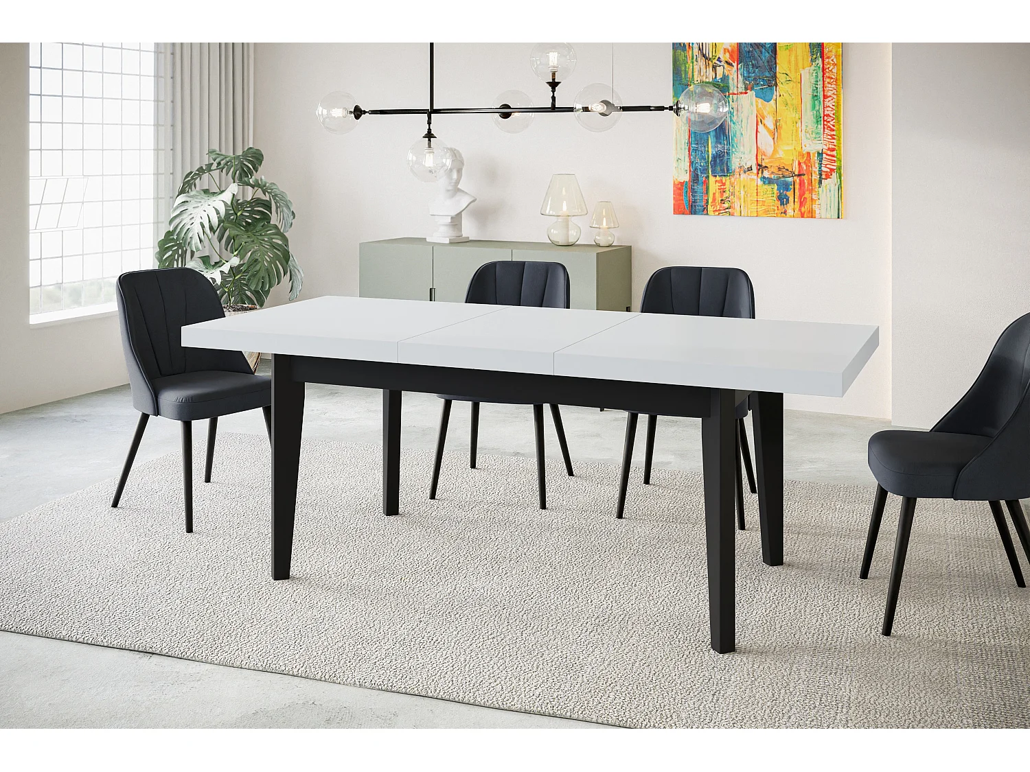 Table de salle à manger rectangulaire SKANDI, table à rallonges, dimensions: 200-300X100X78 cm, couleur: blanc, avec pieds en bois de couleur noir