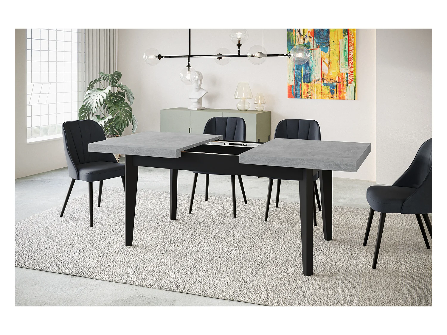 Table de salle à manger rectangulaire SKANDI, table à rallonges, dimensions: 140-180X80X78 cm, couleur: ATELIER, avec pieds en bois de couleur noire