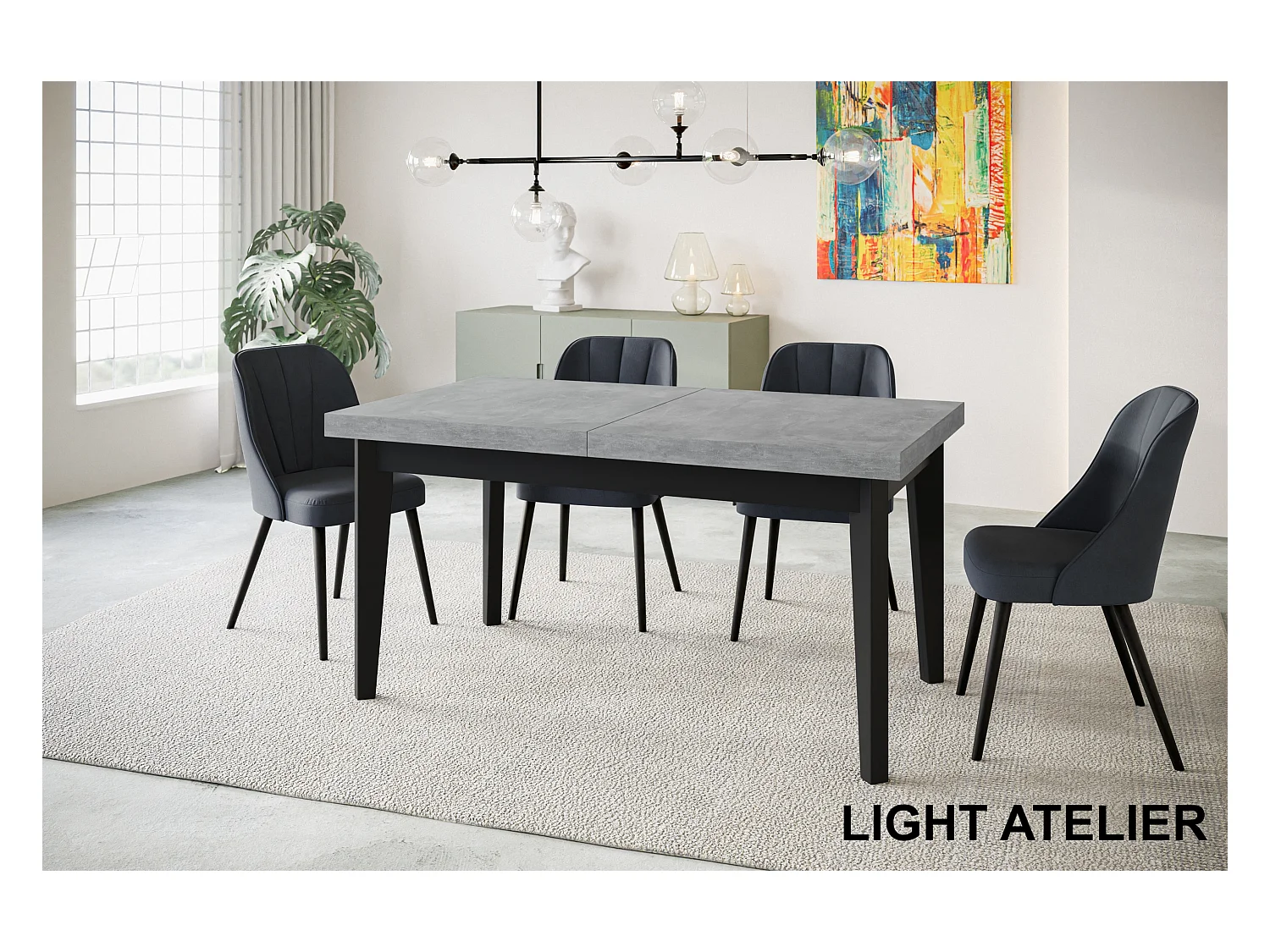 Table de salle à manger rectangulaire SKANDI, table à rallonges, dimensions: 140-180X80X78 cm, couleur: ATELIER, avec pieds en bois de couleur noire