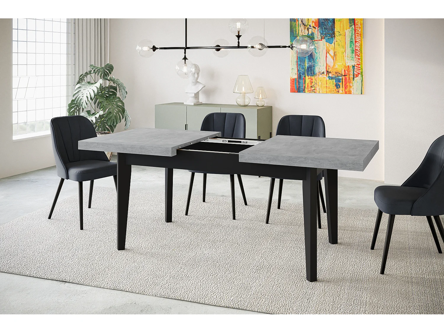 Table de salle à manger rectangulaire SKANDI, table à rallonges, dimensions: 160-210X90X78 cm, couleur: ATELIER, avec pieds en bois de couleur noire