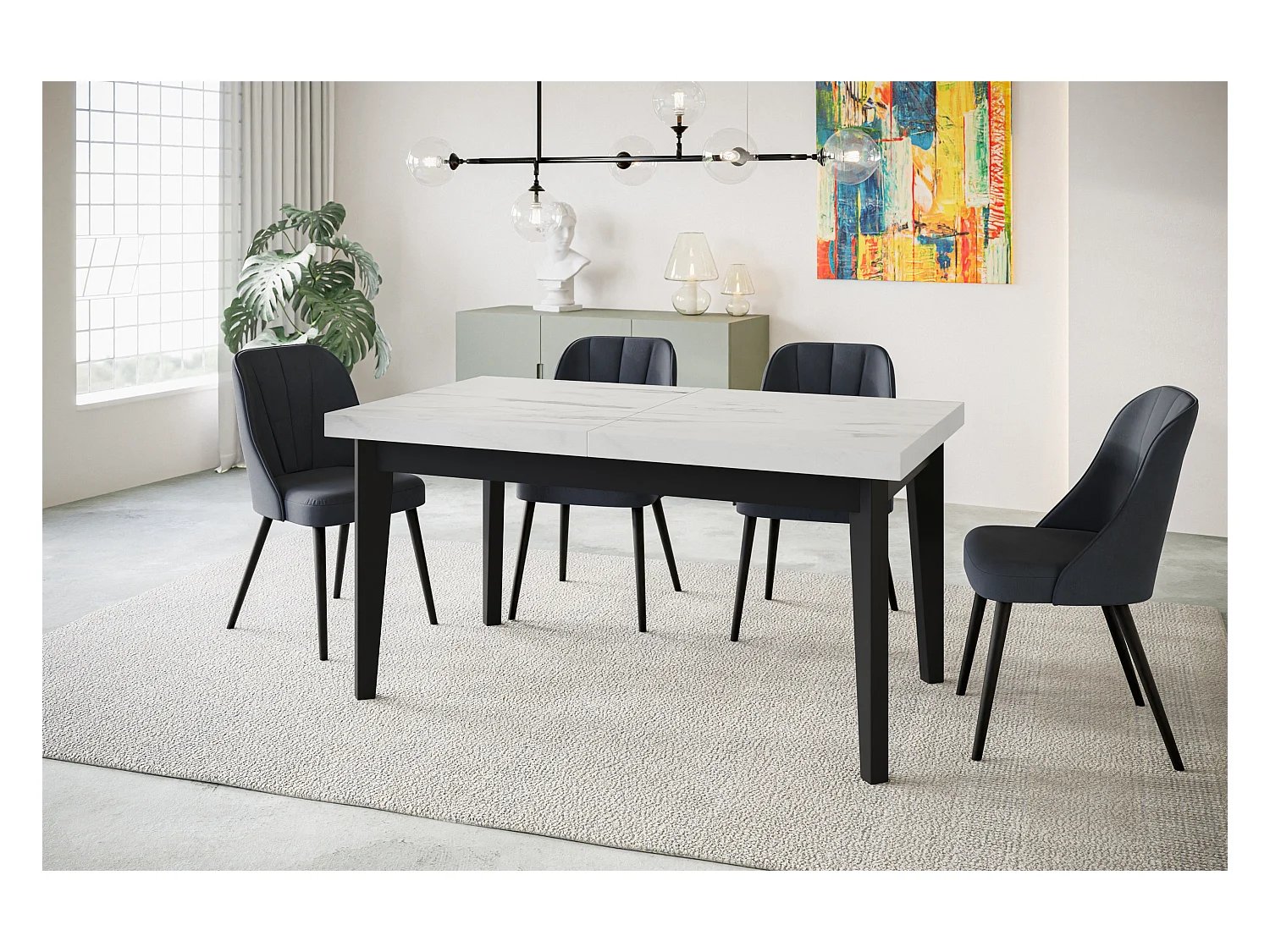 Table de salle à manger rectangulaire SKANDI, table à rallonges, dimensions: 140-180X80X78 cm, couleur: MARMUR, avec pieds en bois de couleur noire