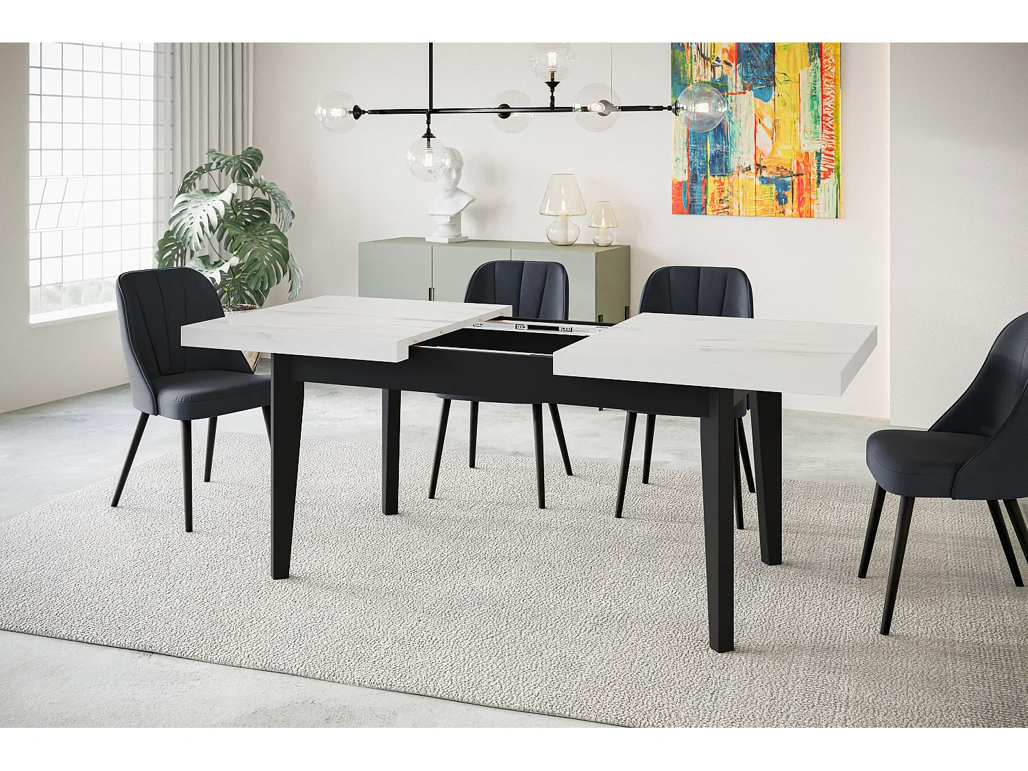 Table de salle à manger rectangulaire SKANDI, table à rallonges, dimensions: 140-180X80X78 cm, couleur: MARMUR, avec pieds en bois de couleur noire