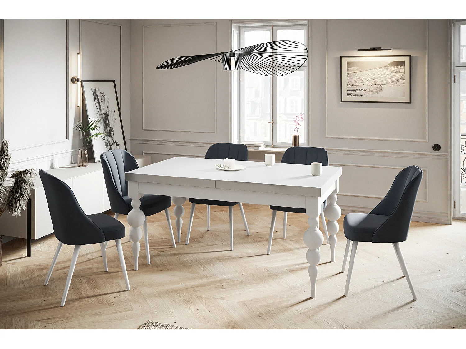 Table de salle à manger rectangulaire LENA, table à rallonges, dimensions: 140-180X80X78,5 cm, couleur: blanc, avec pieds de table de couleur blanche