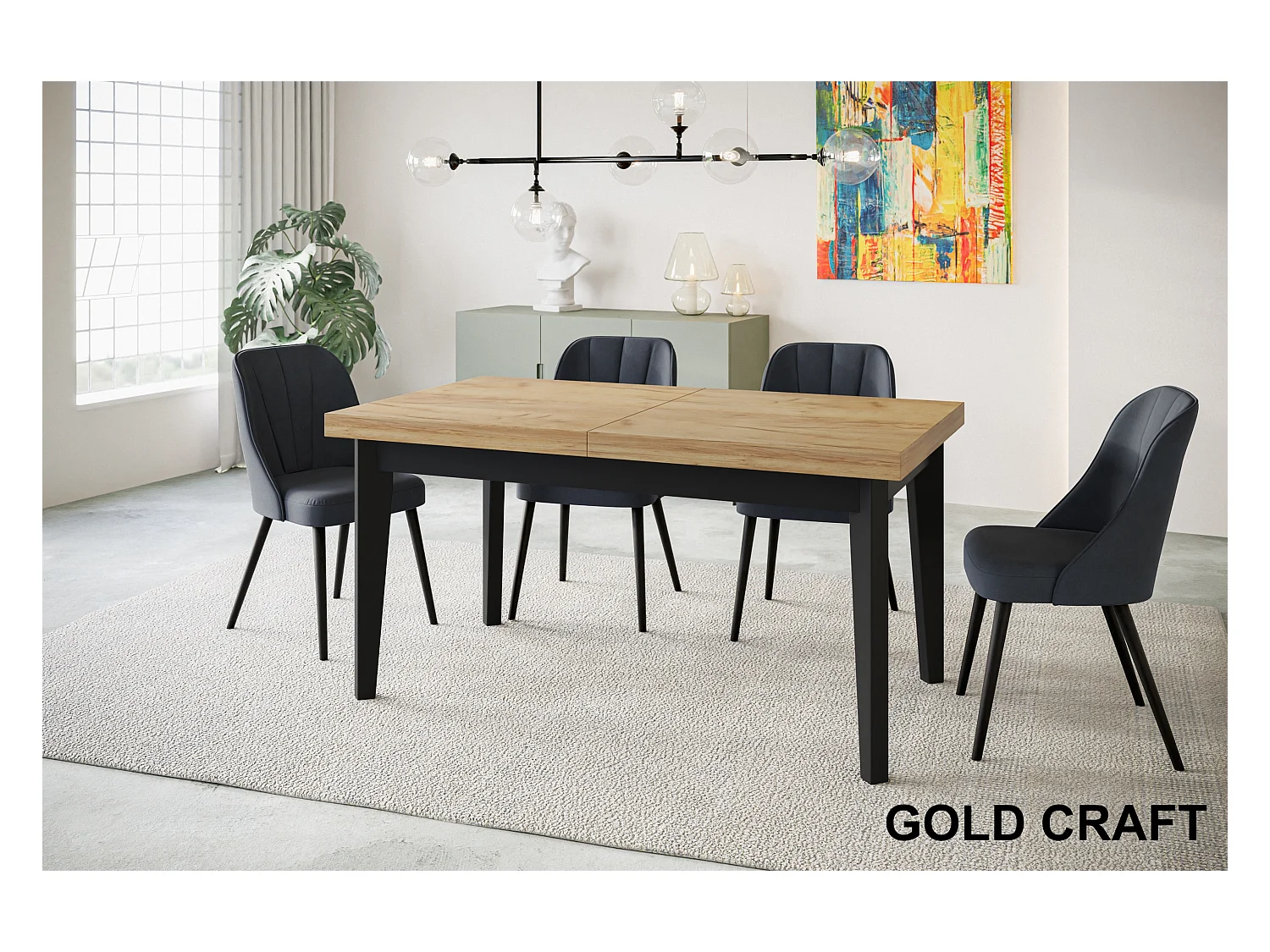 Table de salle à manger rectangulaire SKANDI, table à rallonges, dimensions: 140-180X80X78 cm, couleur: CRAFT, avec pieds en bois de couleur noire