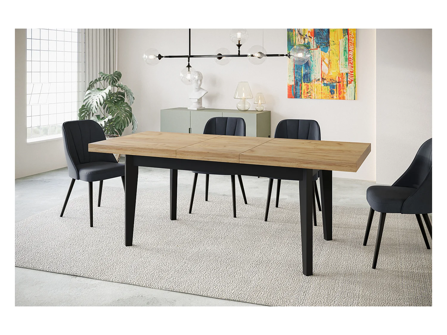 Table de salle à manger rectangulaire SKANDI, table à rallonges, dimensions: 140-180X80X78 cm, couleur: CRAFT, avec pieds en bois de couleur noire