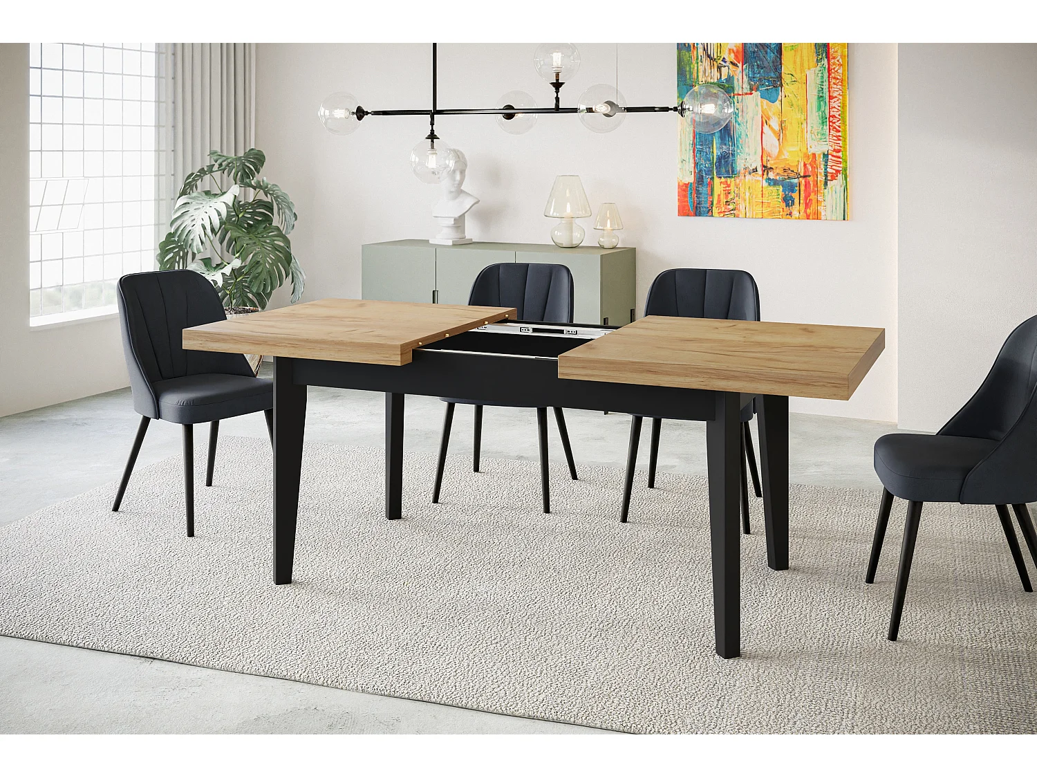 Table de salle à manger rectangulaire SKANDI, table à rallonges, dimensions: 140-180X80X78 cm, couleur: CRAFT, avec pieds en bois de couleur noire