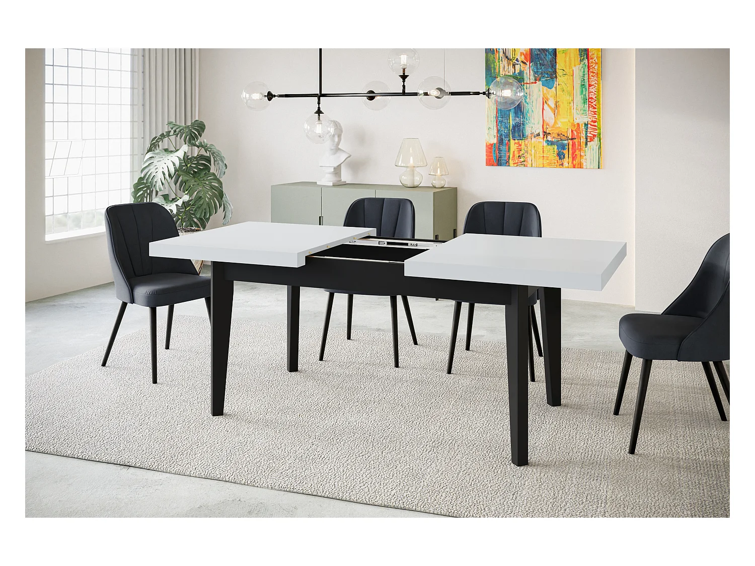 Table de salle à manger rectangulaire SKANDI, table à rallonges, dimensions: 160-210X90X78 cm, couleur: blanc, avec pieds en bois de couleur noir