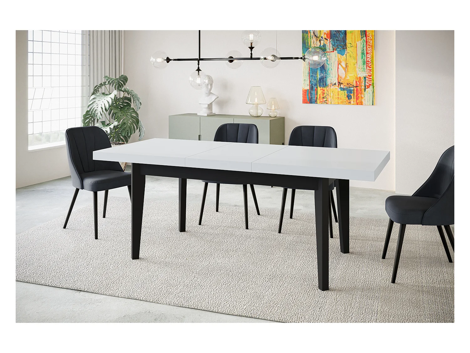 Table de salle à manger rectangulaire SKANDI, table à rallonges, dimensions: 160-210X90X78 cm, couleur: blanc, avec pieds en bois de couleur noir