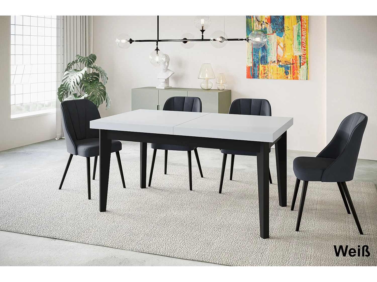 Table de salle à manger rectangulaire SKANDI, table à rallonges, dimensions: 160-210X90X78 cm, couleur: blanc, avec pieds en bois de couleur noir