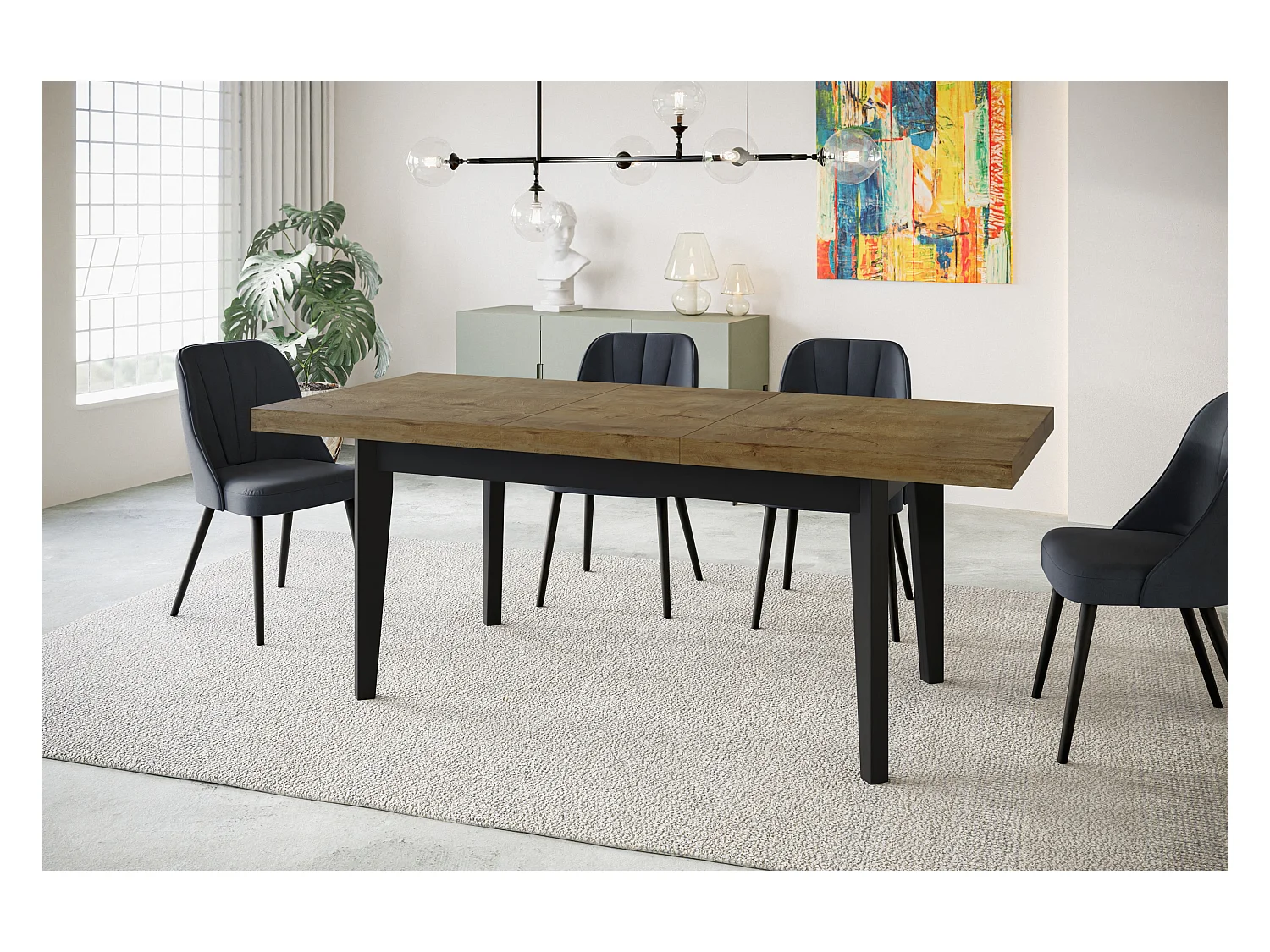 Table de salle à manger rectangulaire SKANDI, table à rallonges, dimensions: 140-180X80X78 cm, couleur: LEFKAS, avec pieds en bois de couleur noire