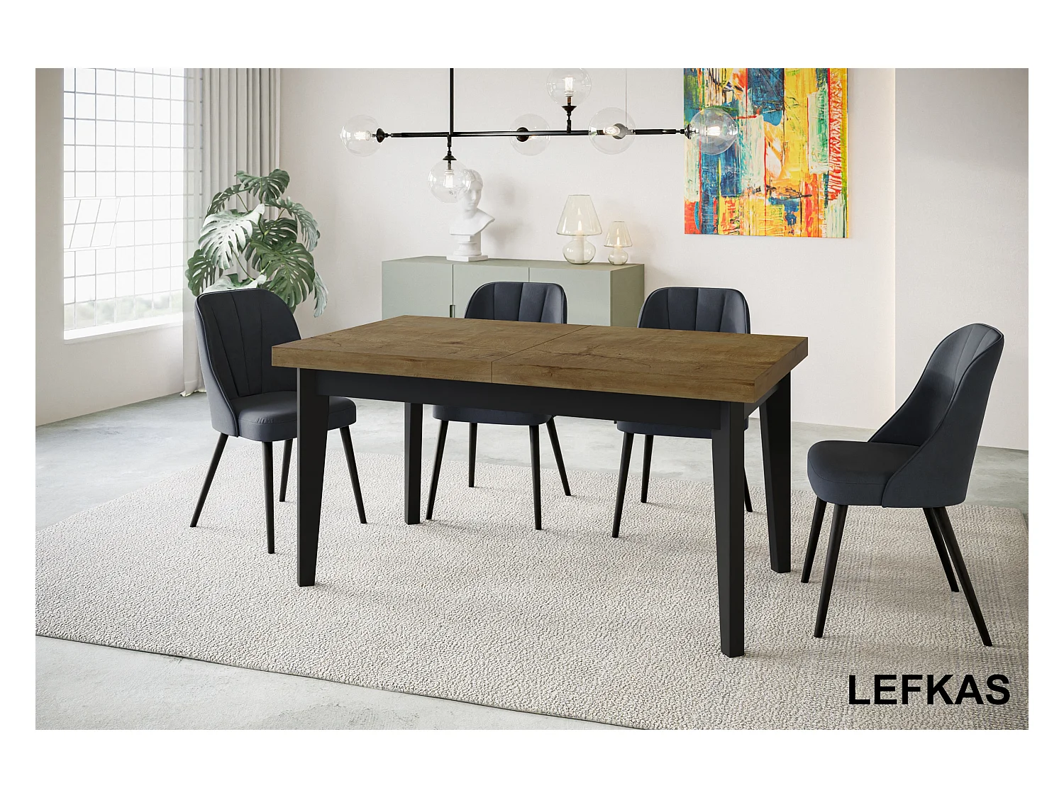 Table de salle à manger rectangulaire SKANDI, table à rallonges, dimensions: 140-180X80X78 cm, couleur: LEFKAS, avec pieds en bois de couleur noire