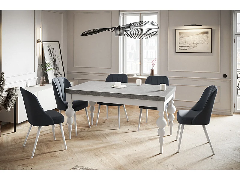 Table de salle à manger rectangulaire LENA, table à rallonges, dimensions: 140-180X80X78,5 cm, couleur: gris, avec pieds de table de couleur blanche