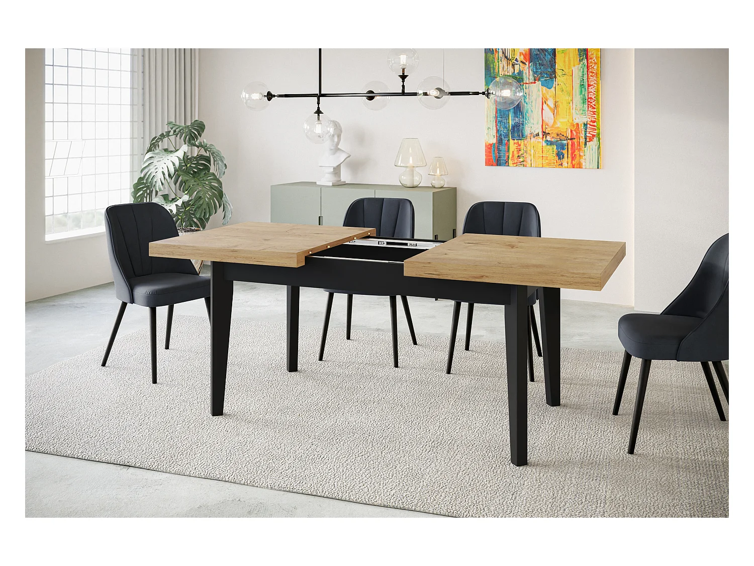 Table de salle à manger rectangulaire SKANDI, table à rallonges, dimensions: 140-180X80X78 cm, couleur: LANCELOT, avec pieds en bois de couleur noire