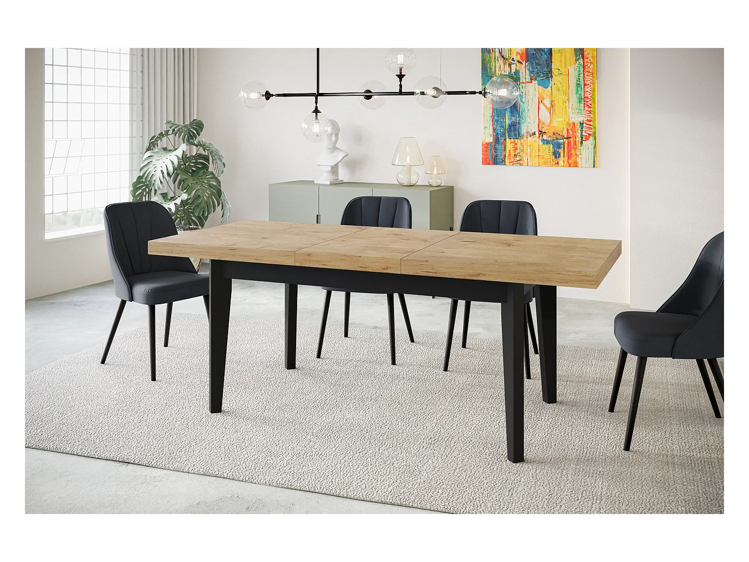 Table de salle à manger rectangulaire SKANDI, table à rallonges, dimensions: 140-180X80X78 cm, couleur: LANCELOT, avec pieds en bois de couleur noire