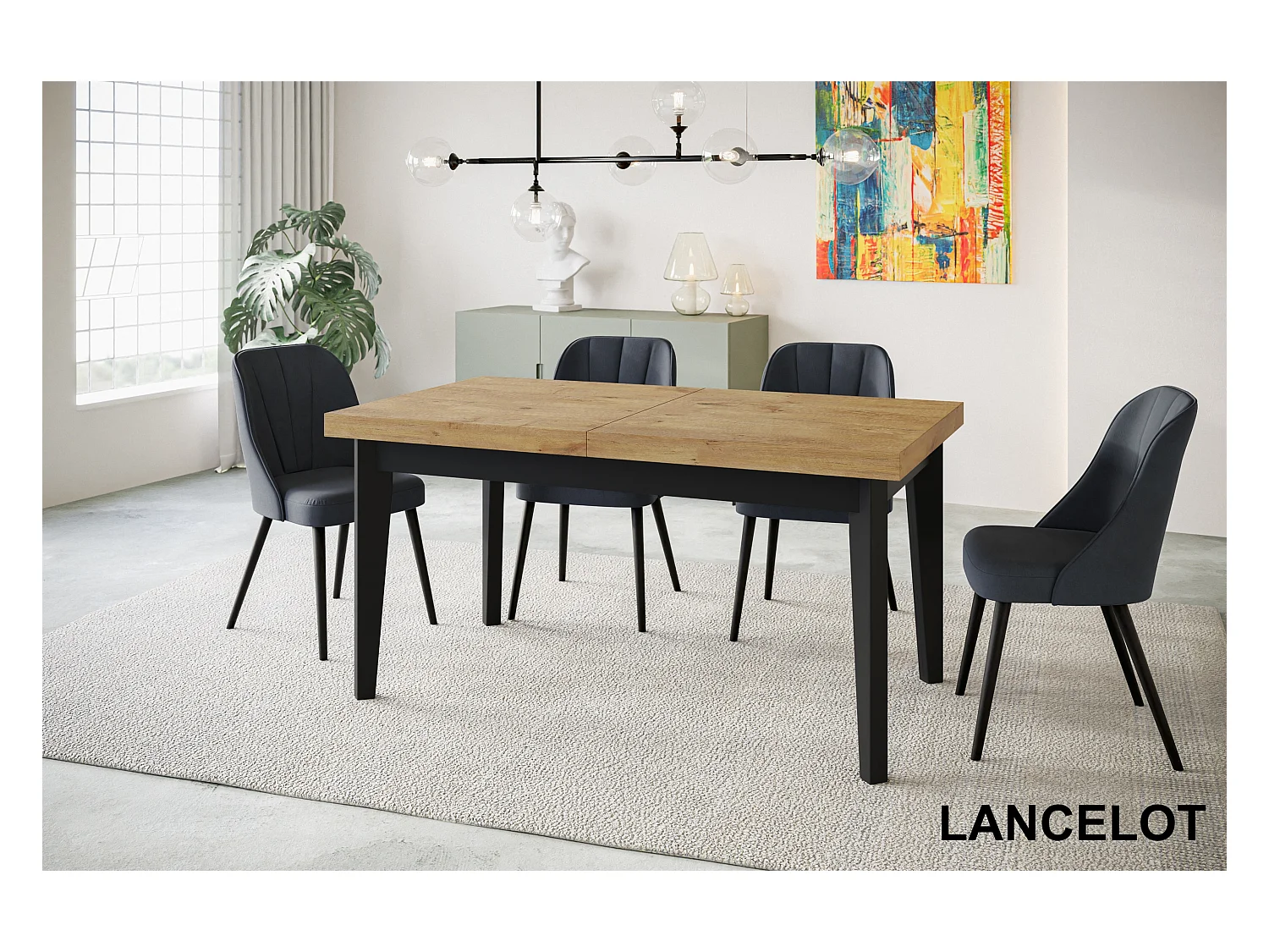 Table de salle à manger rectangulaire SKANDI, table à rallonges, dimensions: 140-180X80X78 cm, couleur: LANCELOT, avec pieds en bois de couleur noire