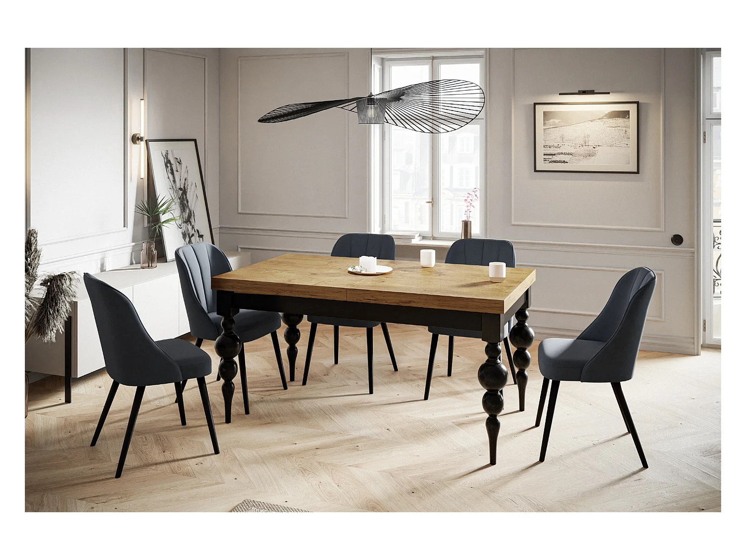 Table de salle à manger rectangulaire LENA, table à rallonges, dimensions: 140-180X80X78,5 cm, couleur: LANCELOT, avec pieds de table de couleur noire