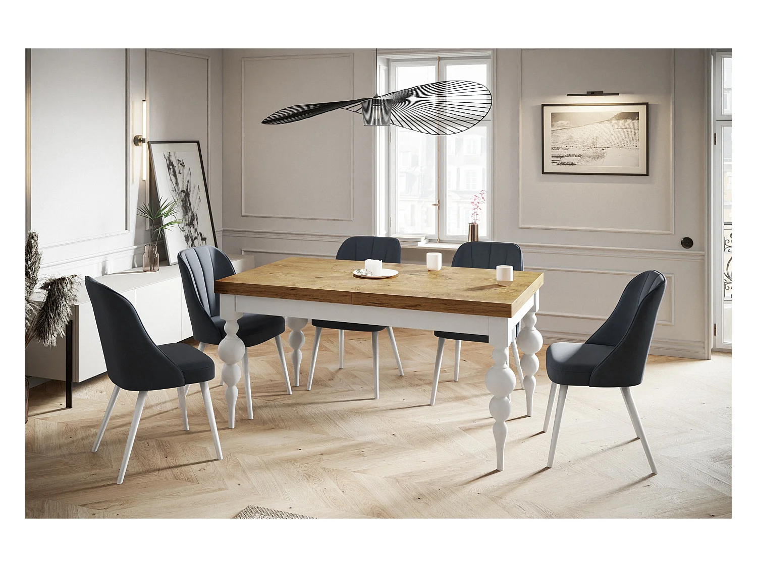 Table de salle à manger rectangulaire LENA, table à rallonges, dimensions: 200-300X100X78,5 cm, couleur: LANCELOT, avec pieds de table de couleur blanche