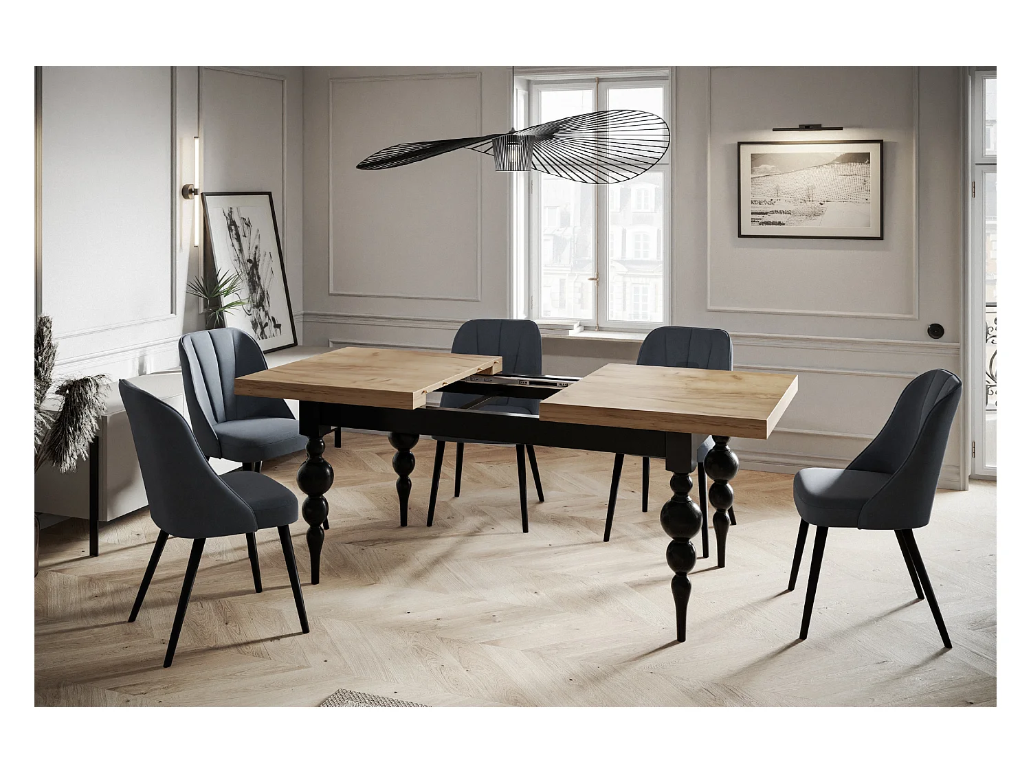 Table de salle à manger rectangulaire LENA, table à rallonges, dimensions: 160-210X90X78,5 cm, couleur: CRAFT, avec pieds de table de couleur noire