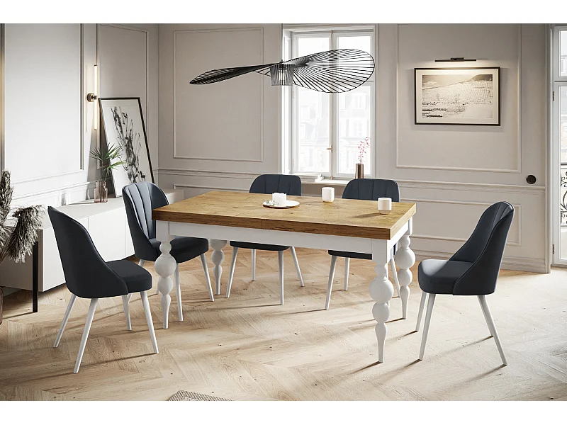 Table de salle à manger rectangulaire LENA, table à rallonges, dimensions: 160-210X90X78,5 cm, couleur: LANCELOT, avec pieds de table de couleur blanche