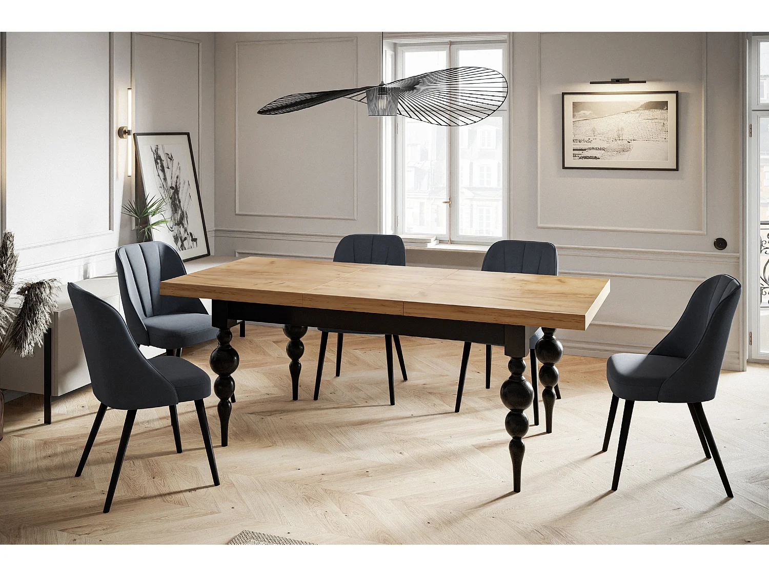 Table de salle à manger rectangulaire LENA, table à rallonges, dimensions: 120-160X80X78,5 cm, couleur: CRAFT, avec pieds de table de couleur noire