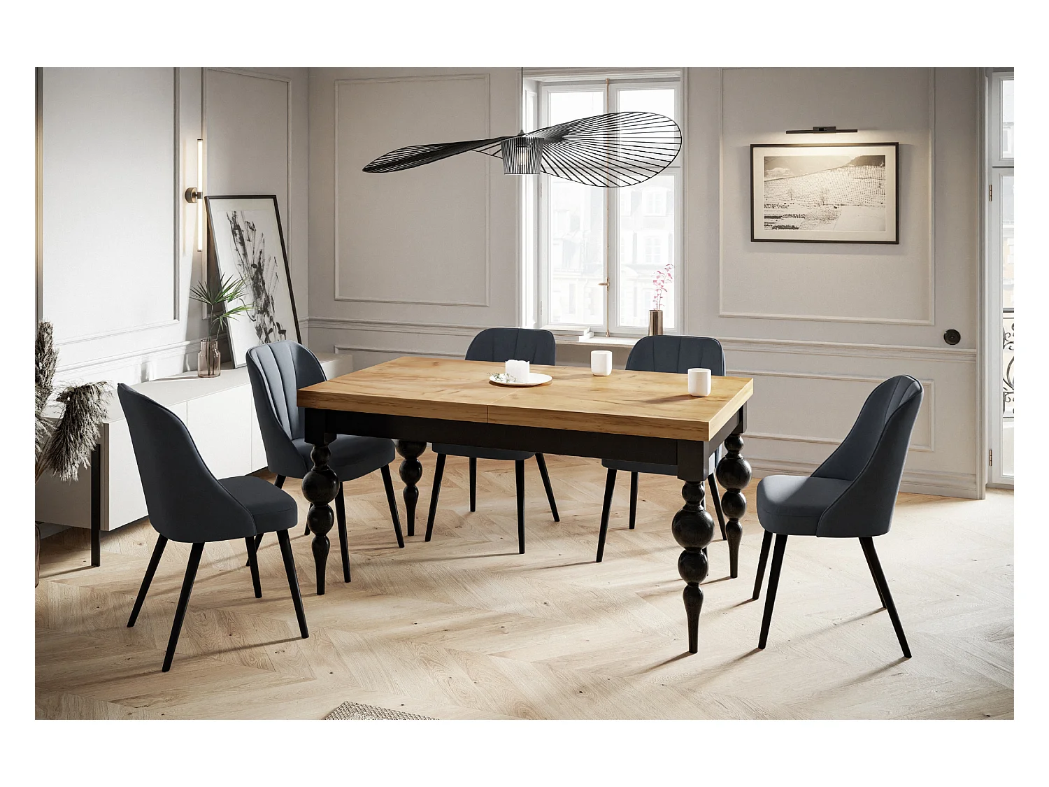 Table de salle à manger rectangulaire LENA, table à rallonges, dimensions: 140-180X80X78,5 cm, couleur: CRAFT, avec pieds de table de couleur noire