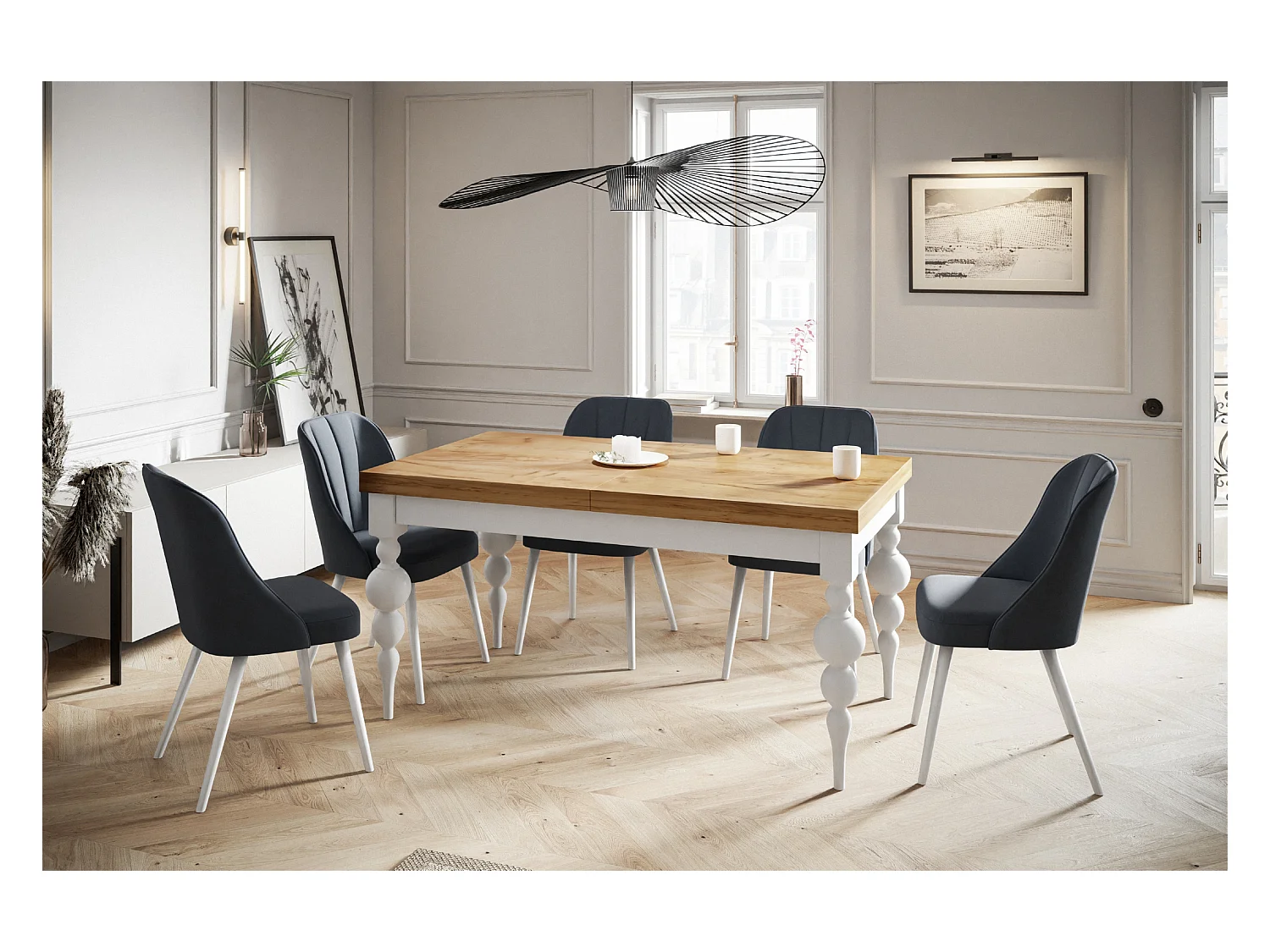 Table de salle à manger rectangulaire LENA, table à rallonges, dimensions: 160-210X90X78,5 cm, couleur: CRAFT, avec pieds de table de couleur blanche