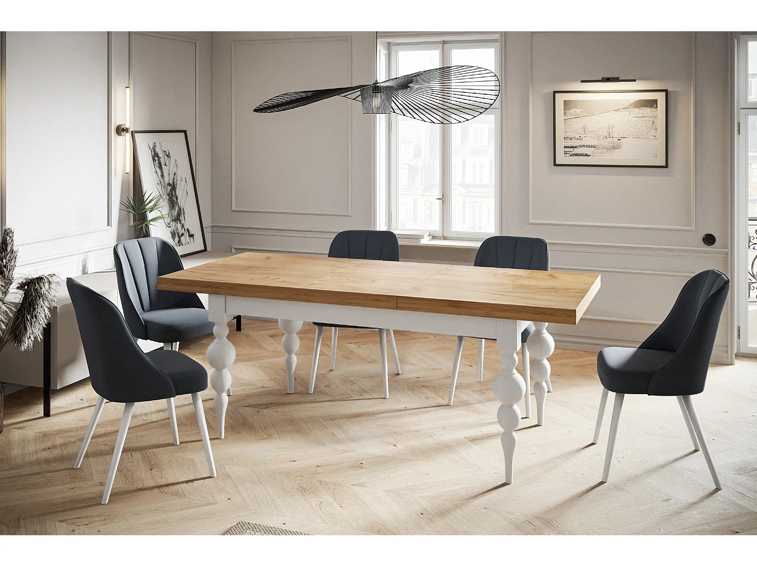 Table de salle à manger rectangulaire LENA, table à rallonges, dimensions: 160-210X90X78,5 cm, couleur: CRAFT, avec pieds de table de couleur blanche