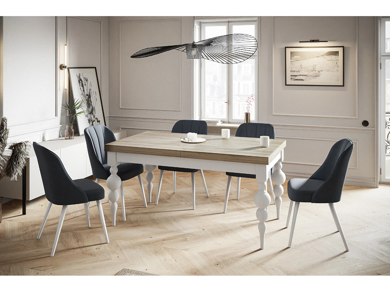 Table de salle à manger rectangulaire LENA, table à rallonges, dimensions: 160-210X90X78,5 cm, couleur: SONOMA, avec pieds de table de couleur blanche