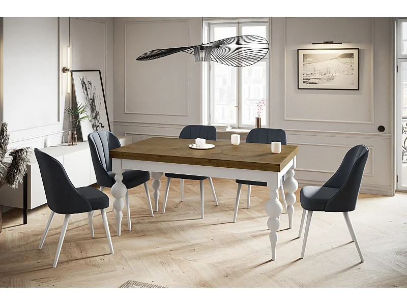 Table de salle à manger rectangulaire LENA, table à rallonges, dimensions: 160-210X90X78,5 cm, couleur: LEFKAS, avec pieds de table de couleur blanche