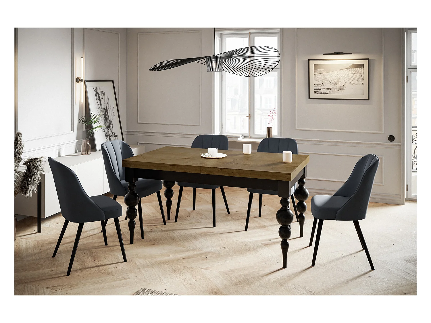 Table de salle à manger rectangulaire LENA, table à rallonges, dimensions: 140-180X80X78,5 cm, couleur: LEFKAS, avec pieds de table de couleur noire