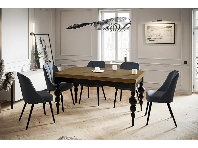 Table de salle à manger rectangulaire LENA, table à rallonges, dimensions: 160-210X90X78,5 cm, couleur: LEFKAS, avec pieds de table de couleur noire