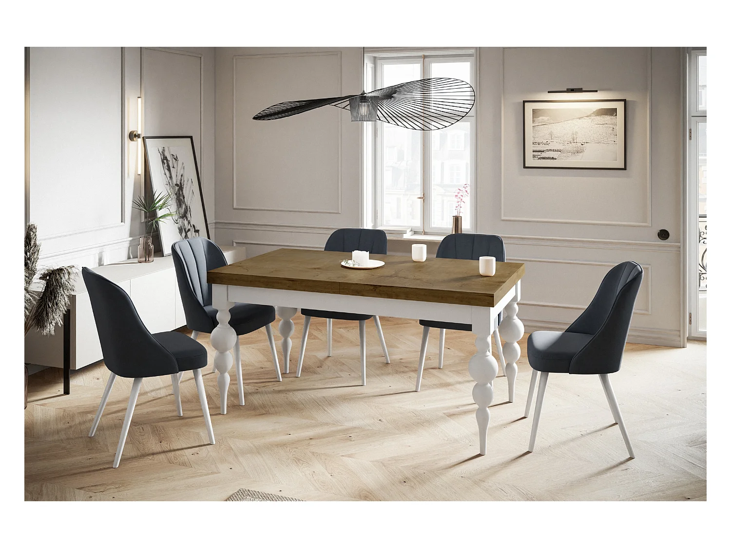 Table de salle à manger rectangulaire LENA, table à rallonges, dimensions: 200-300X100X78,5 cm, couleur: LEFKAS, avec pieds de table de couleur blanche