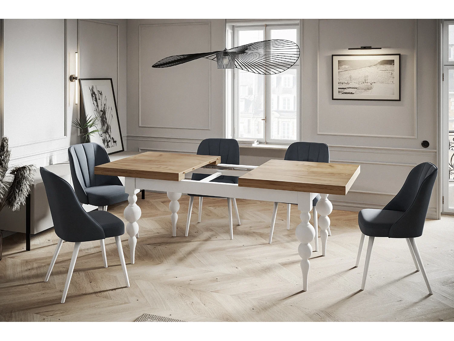 Table de salle à manger rectangulaire LENA, table à rallonges, dimensions: 200-300X100X78,5 cm, couleur: CRAFT, avec pieds de table de couleur blanche