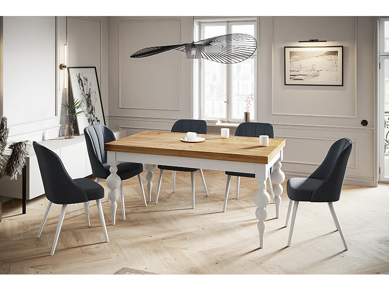 Table de salle à manger rectangulaire LENA, table à rallonges, dimensions: 200-300X100X78,5 cm, couleur: CRAFT, avec pieds de table de couleur blanche