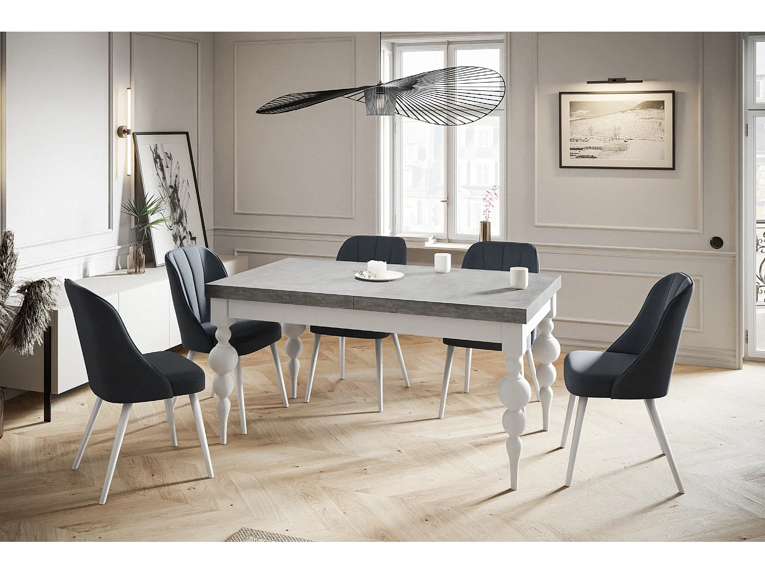 Table de salle à manger rectangulaire LENA, table à rallonges, dimensions: 160-210X90X78,5 cm, couleur: gris, avec pieds de table de couleur blanche