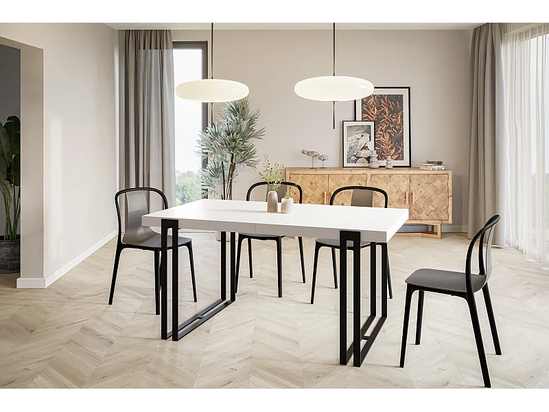 Table de salle à manger rectangulaire ROSA, table à rallonges, dimensions: 160-260X90X77 cm,couleur: blanc, avec pieds métalliques de couleur noir