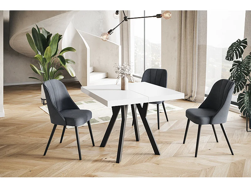 Table de salle à manger carrée RICO, table à rallonges, dimensions: 90-190X90X77 cm, couleur: blanc, avec pieds en bois de couleur noir