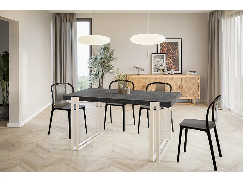 Table de salle à manger rectangulaire ROSA, table à rallonges, dimensions: 160-260X90X77 cm, couleur: gris foncé, avec pieds métalliques de couleur blanche