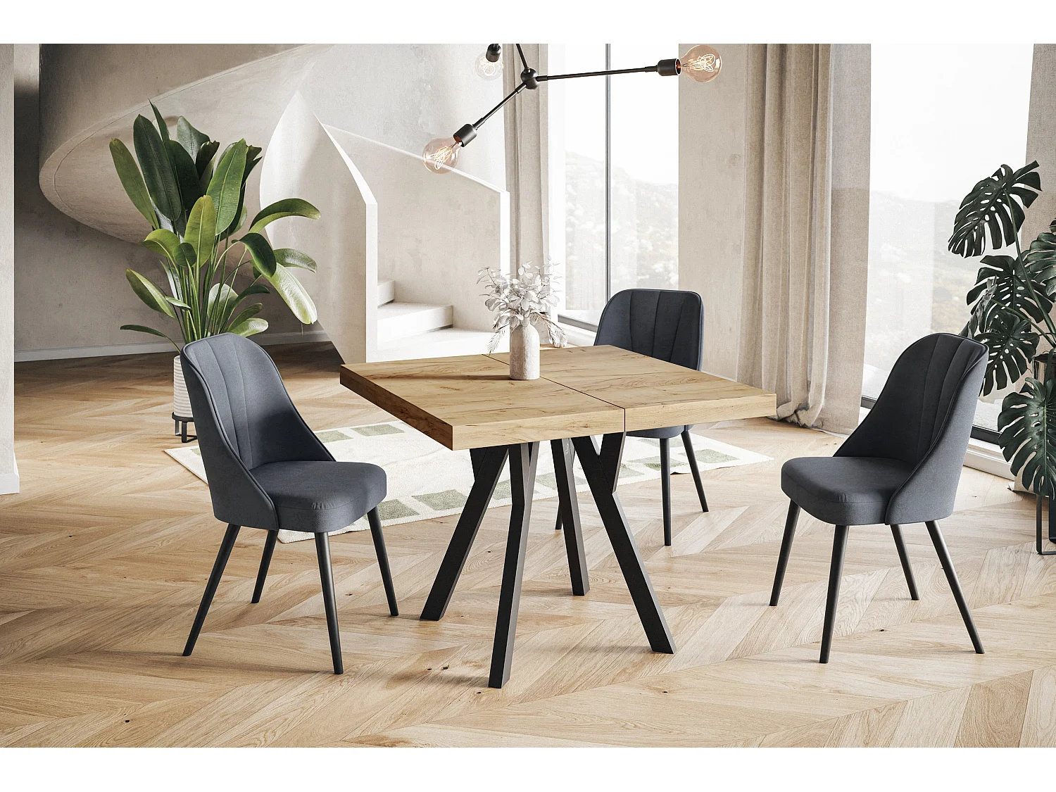 Table de salle à manger carrée RICO, table à rallonges, dimensions: 110-210X110X77 cm, couleur: CRAFT, avec pieds en bois de couleur noire