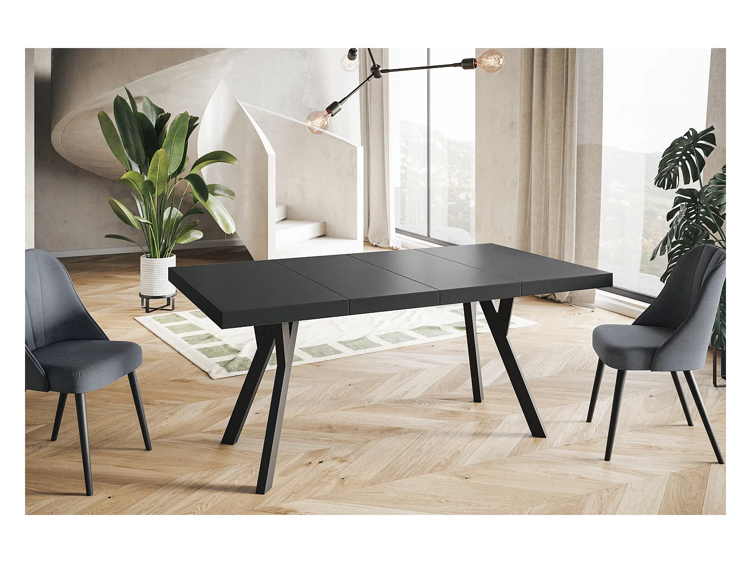 Table de salle à manger carrée RICO, table à rallonges, dimensions: 120-220X120X77 cm, couleur: noir, avec pieds en bois de couleur noire