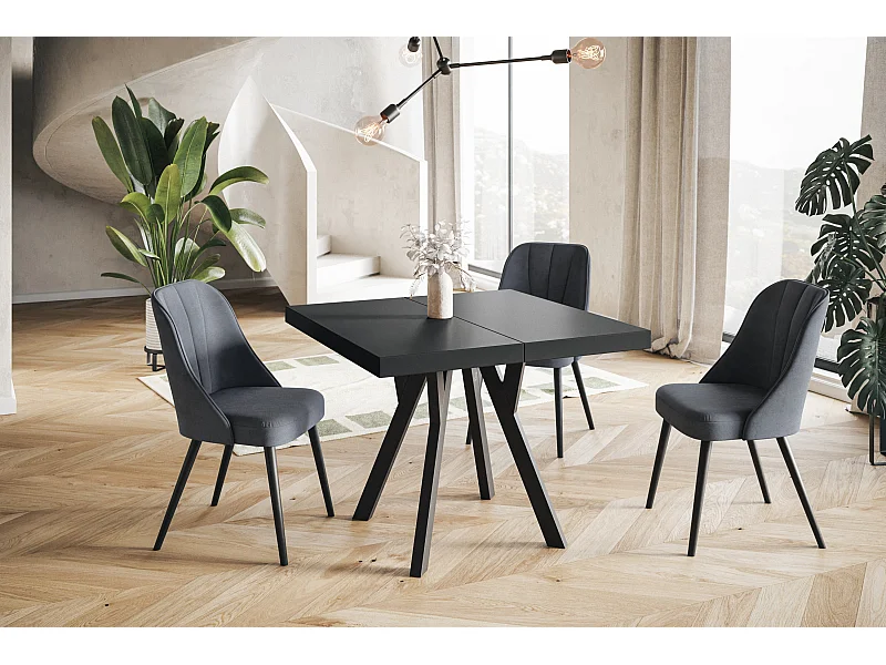 Table de salle à manger carrée RICO, table à rallonges, dimensions: 120-220X120X77 cm, couleur: noir, avec pieds en bois de couleur noire