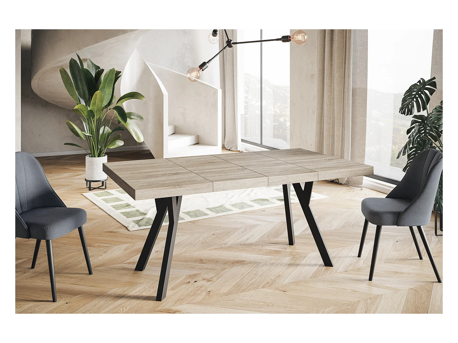 Table de salle à manger carrée RICO, table à rallonges, dimensions: 110-210X110X77 cm, couleur: SONOMA, avec pieds en bois de couleur noire