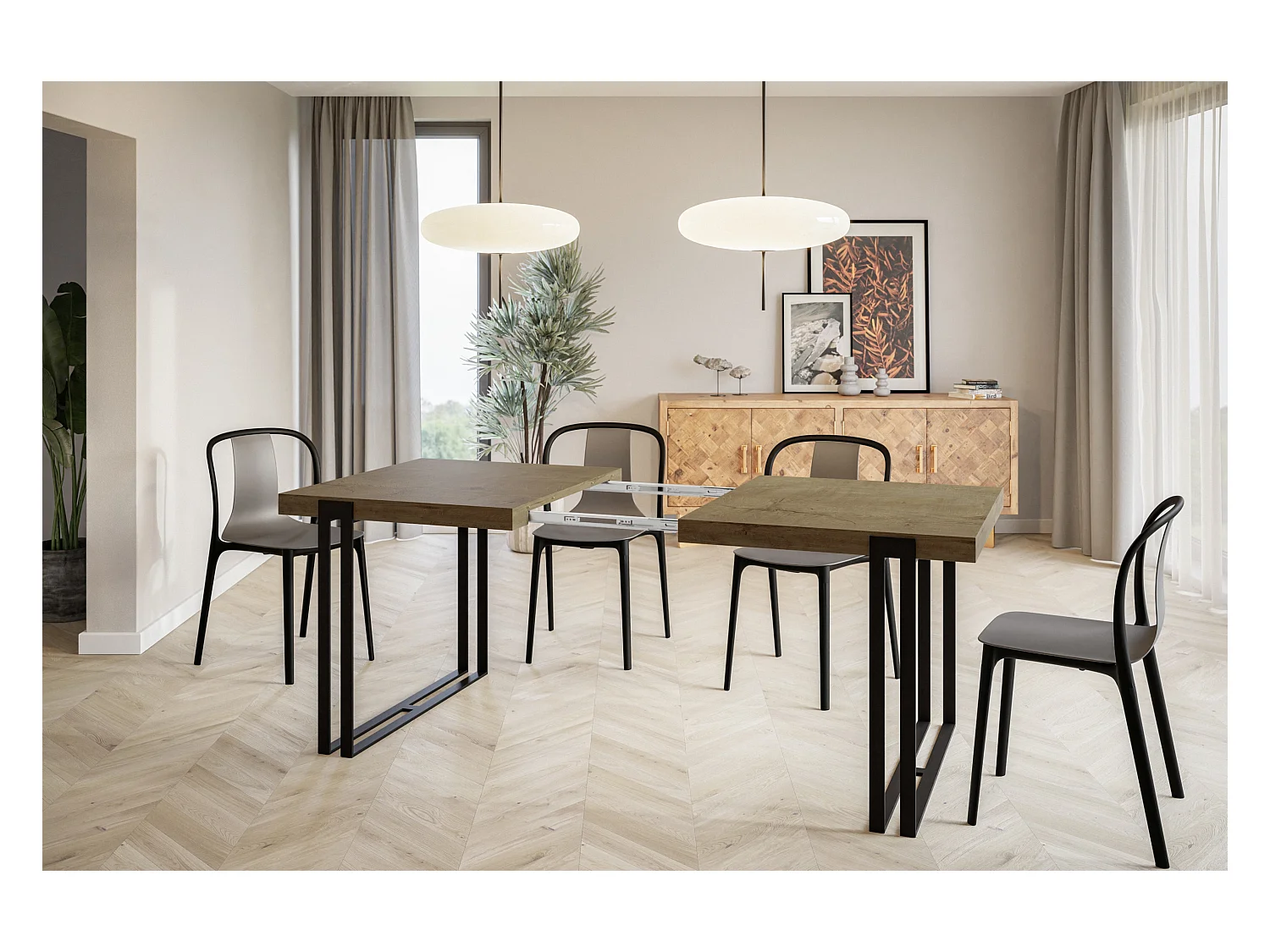 Table de salle à manger rectangulaire ROSA, table à rallonges, dimensions: 120-220X80X77 cm,couleur: LEFKAS, avec pieds métalliques de couleur noire