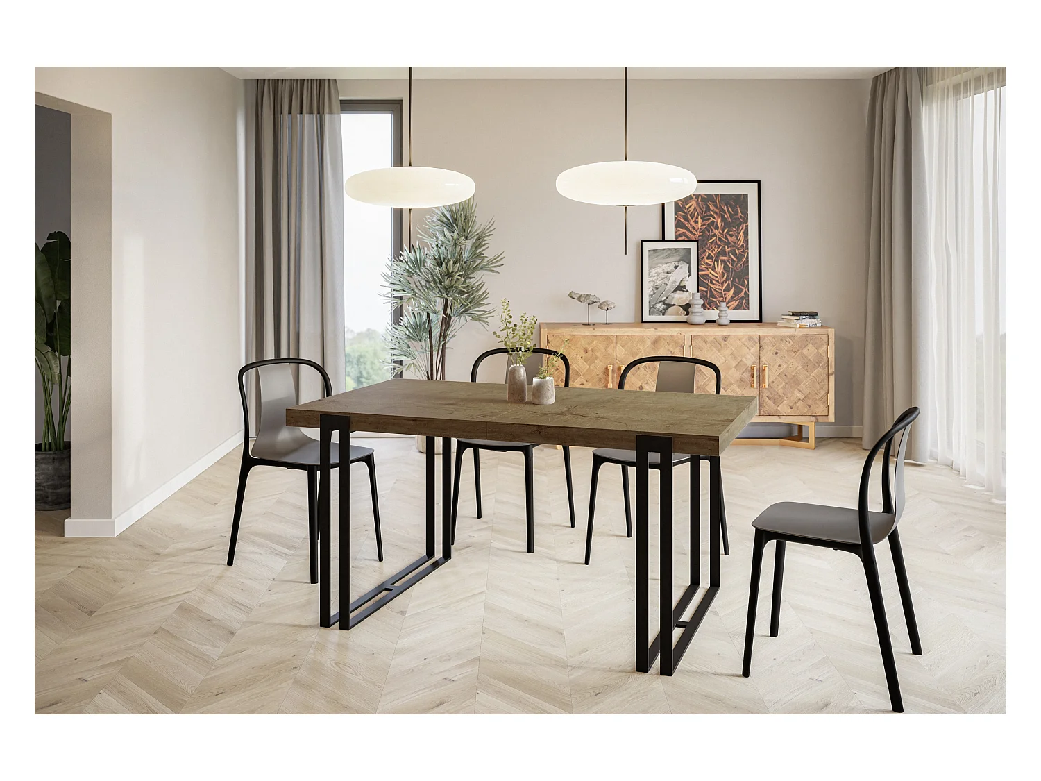 Table de salle à manger rectangulaire ROSA, table à rallonges, dimensions: 120-220X80X77 cm,couleur: LEFKAS, avec pieds métalliques de couleur noire