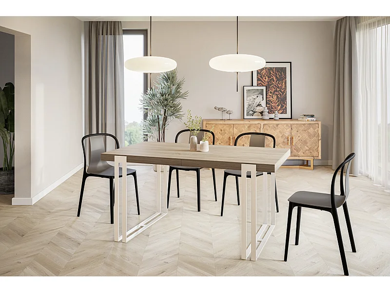 Table de salle à manger rectangulaire ROSA, table à rallonges, dimensions: 160-260X90X77 cm,couleur: SONOMA, avec pieds métalliques de couleur blanche