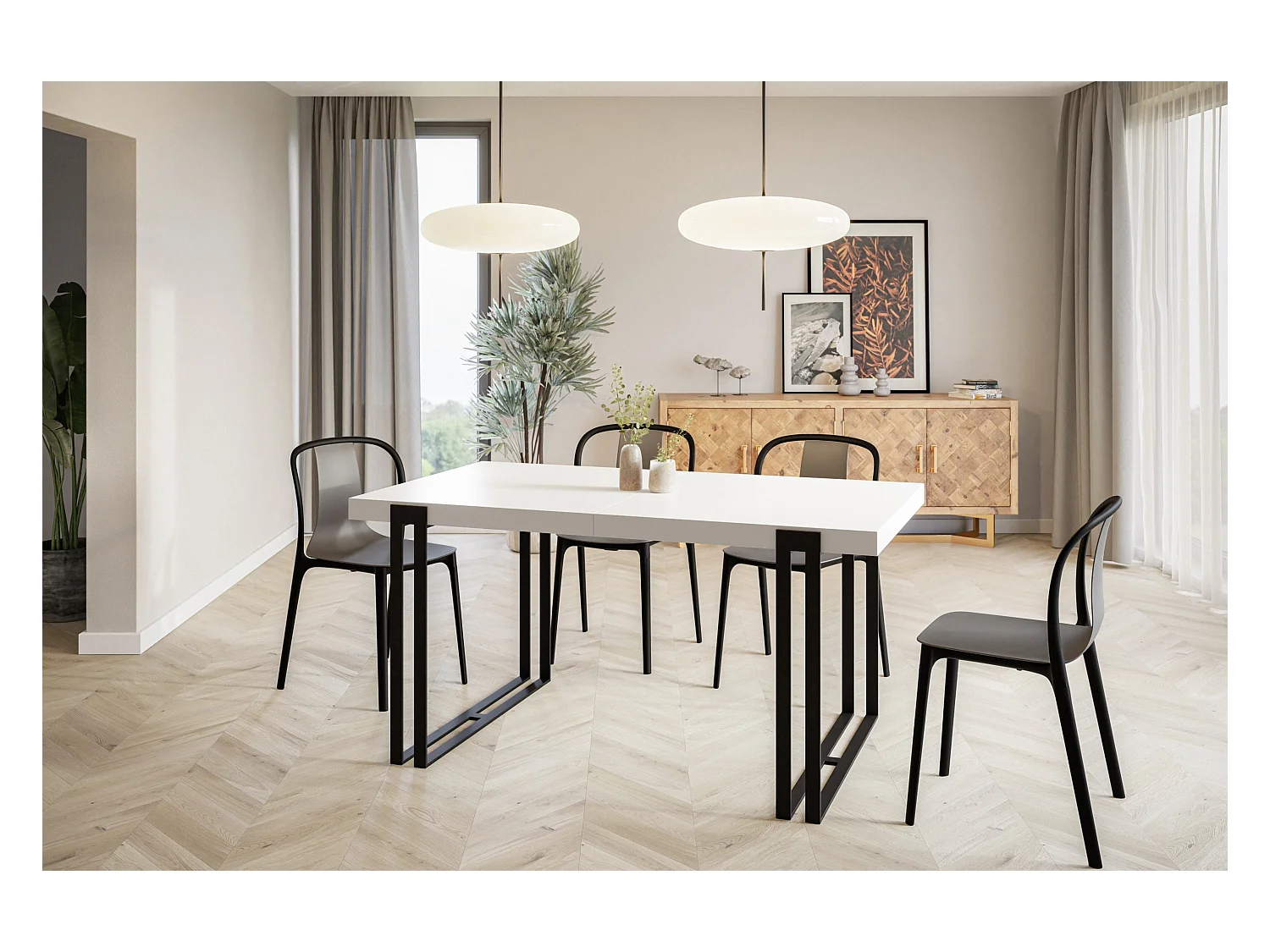 Table de salle à manger rectangulaire ROSA, table à rallonges, dimensions: 140-240X80X77 cm,couleur: blanc, avec pieds métalliques de couleur noir