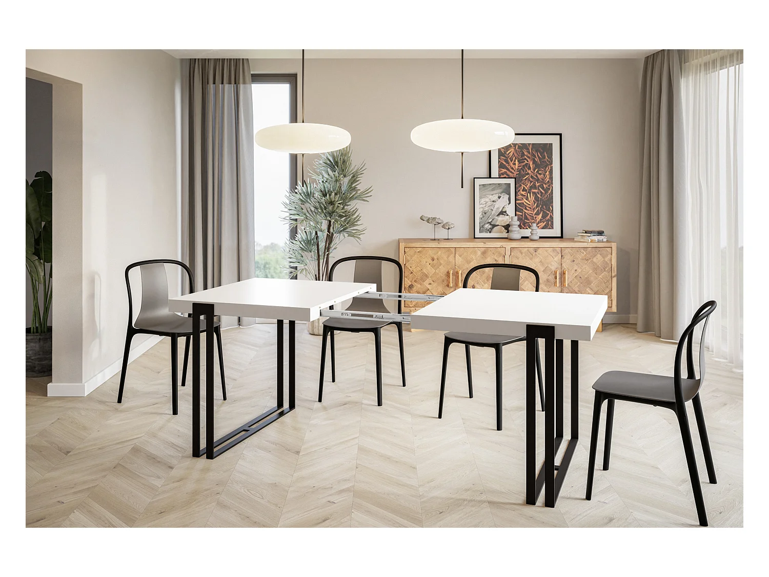 Table de salle à manger rectangulaire ROSA, table à rallonges, dimensions: 140-240X80X77 cm,couleur: blanc, avec pieds métalliques de couleur noir