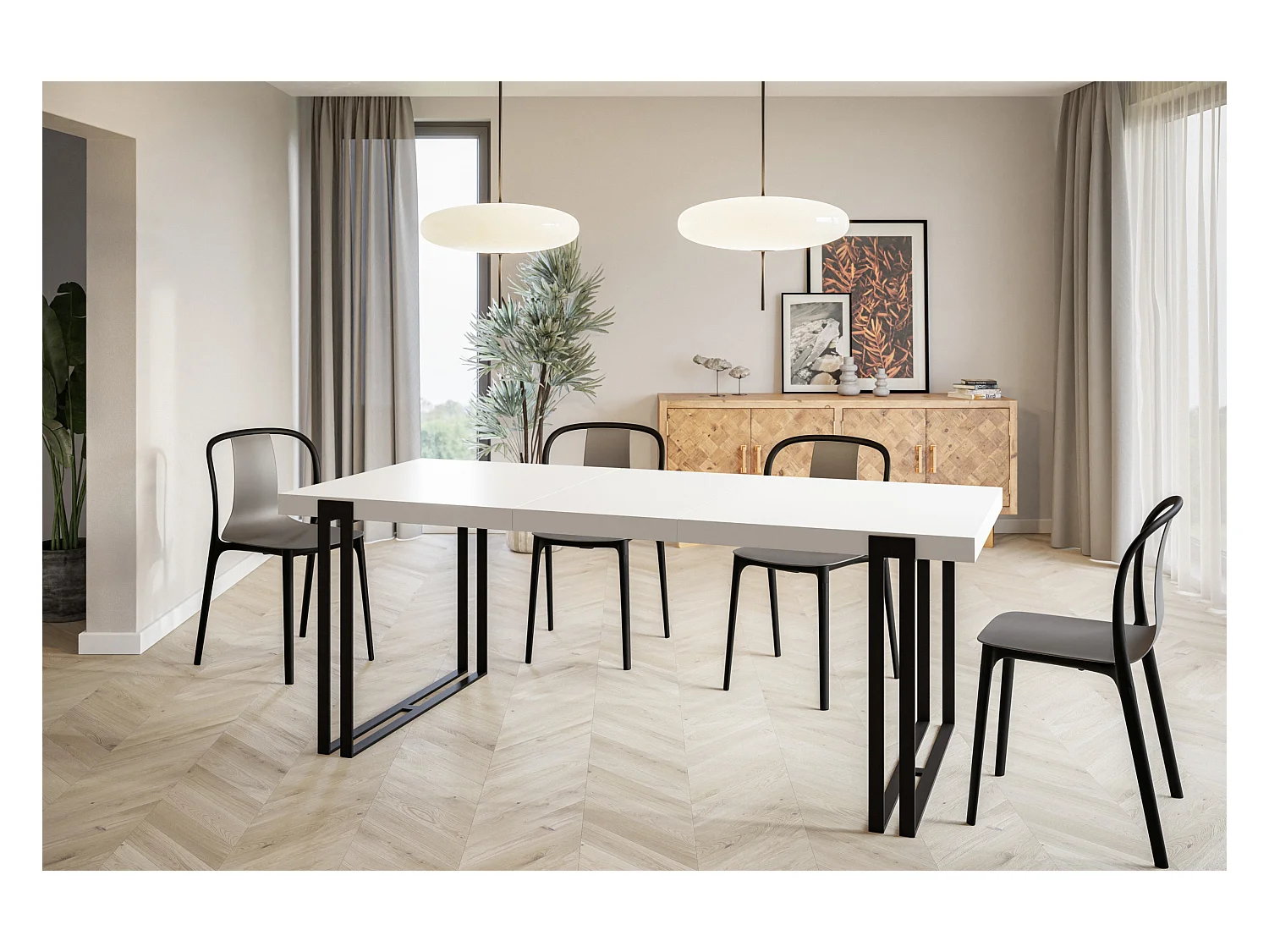 Table de salle à manger rectangulaire ROSA, table à rallonges, dimensions: 140-240X80X77 cm,couleur: blanc, avec pieds métalliques de couleur noir