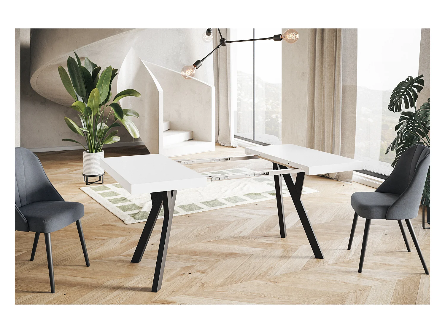 Table de salle à manger carrée RICO, table à rallonges, dimensions: 120-220X120X77 cm, couleur: blanc, avec pieds en bois de couleur noir